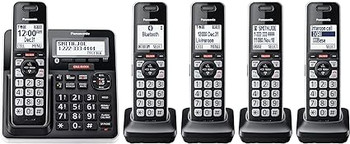 Panasonic Cordless Phone with Advanced Call Block, Link2Cell Bluetooth, One-Ring Scam Alert, and 2-Way Recording with Answering Machine, 5 Handsets - KX-TGF975B (Black with Silver Trim)