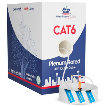 Washington Cables Cat6 Ethernet Cable 1000ft Plenum | UTP, 550MHz, 23AWG, 4Pair, 10GB Cat6 Cable - White - WC-600-WH