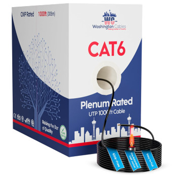 Washington Cables Cat6 Ethernet Cable 1000ft Plenum | UTP, 550MHz, 23AWG, 4Pair, 10GB Cat6 Cable - Black - WC-600-BK